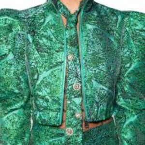 AKIRA GREEN BROCADE PUFF SHOULDER BOMBER JACKET medium